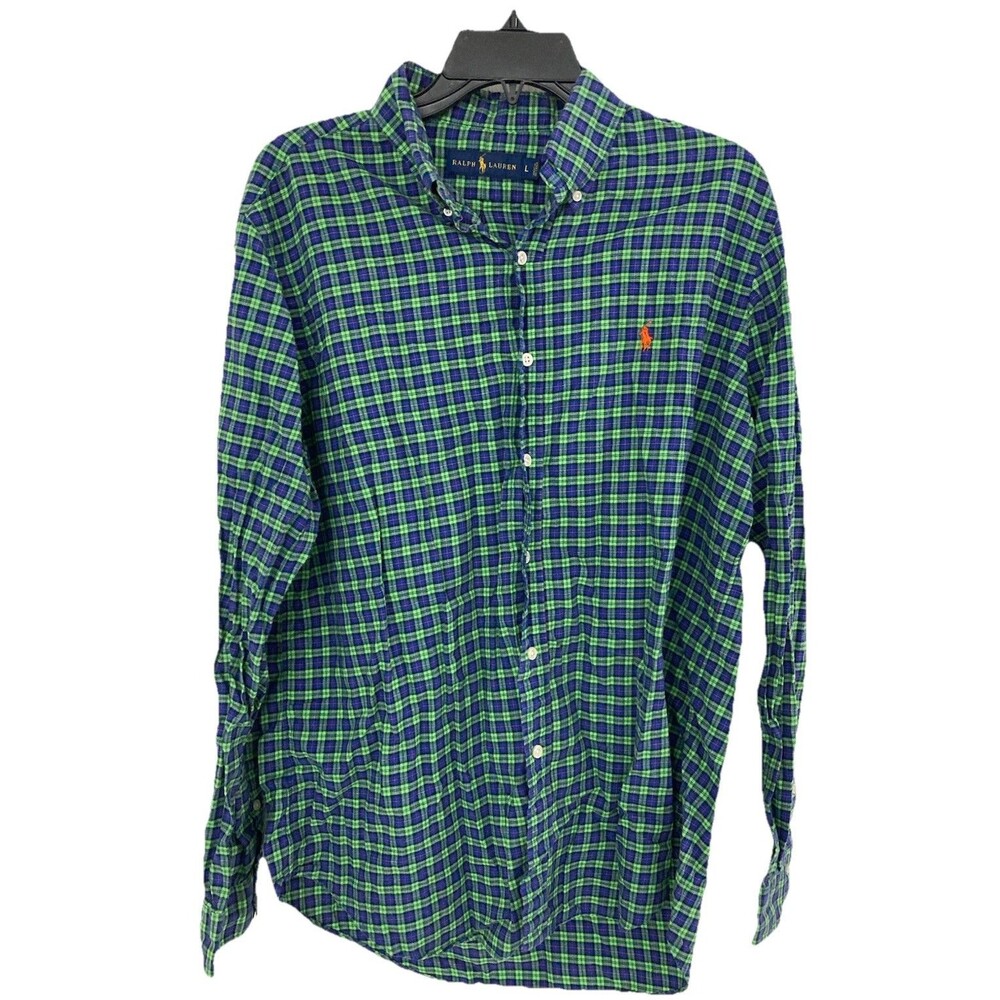 Men's Ralph Lauren Long Sleeve Shirt Tartan Plaid Oxford Blue Green Size Large